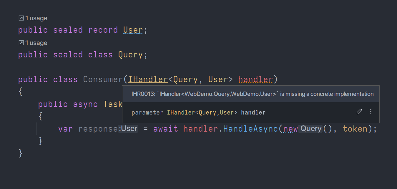 Screenshot of Immediate.Handlers Roslyn analyzer showing a warning about a missing concrete handler implementation.