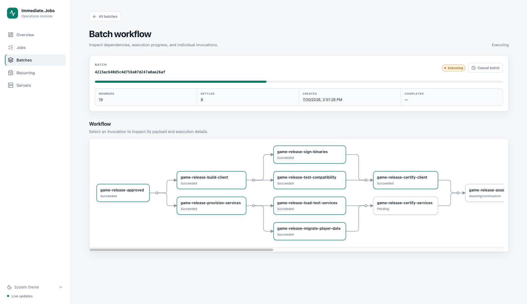 The Immediate.Jobs dashboard batch workflow graph in light mode, showing succeeded jobs and their continuations