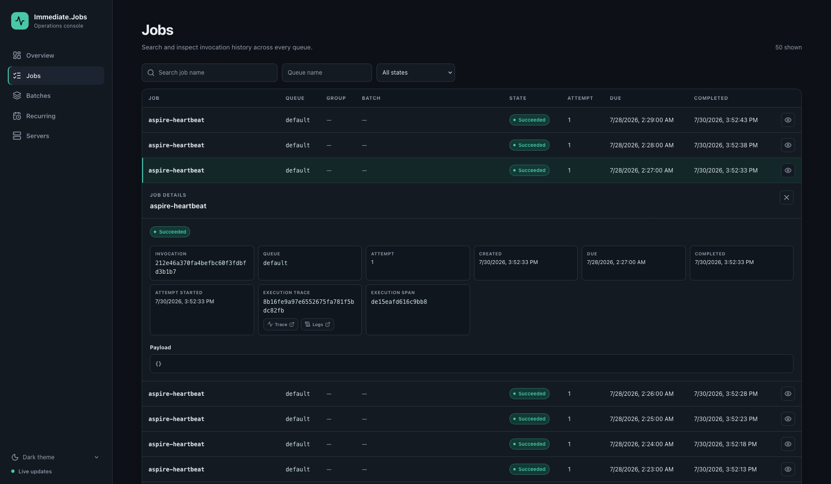 The Immediate.Jobs dashboard Jobs view in dark mode, with a succeeded job expanded to show its details