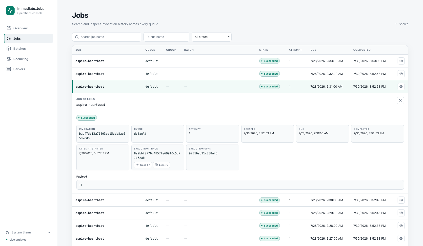 The Immediate.Jobs dashboard Jobs view in light mode, with a succeeded job expanded to show its details